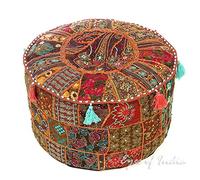 Eyes of India - 17 x 12 Small Red Patchwork indiano rotonda Ottomana Pouf Pouf copertura Floor Seating Bohemian Accent Boho Chic a mano