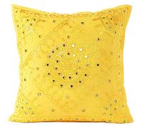 Eyes of India - 24" Large Yellow Mirror Embroidered Couch Sofa Pillow Cushion Cover Colorful Decorative Throw Bohemian Indian Boho *Cover Only*