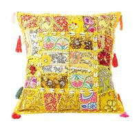Eyes of India - 24" Large Yellow Patchwork Decorative Pillow Couch Cushion Cover Case Sofa Throw Bohemian Accent Indian Colorful Boho Chic De Handmade Cover ONLY