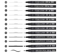 EYEYE Pennarelli neri con punta in feltro, confezione da 12, punta in fibra da 0,15-3,0 mm, ad asciugatura rapida, inchiostro a base d'acqua, forniture artistiche per scuola, ufficio e casa