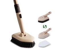 Eyliden Scrubber per vasca con manico lungo e spazzola per piastrelle, 2 spugnette abrasive, 1 testina antigraffio, per la pulizia di bagno, cucina, WC, parete, lavandino, marrone, (fsz037)