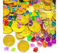 Eymobad 100 pezzi del tesoro dei pirati, con 50 monete d'oro per bambini e 50 gemme pirata, monete d'oro per bambini, feste, caccia al tesoro, pietre preziose dei pirati, per bambini, tesori pirati
