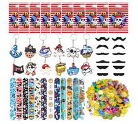 Eymobad 146 pezzi pirata, regalo di compleanno per bambini, Halloween, feste, bomboniere per bambini, con pirata, portachiavi con chiusura a scatto, sacchetto regalo, monete d'oro, baffi