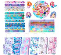 Eymobad 86 sacchetti per feste a forma di sirena, 12 sacchetti di carta a forma di sirena, 12 braccialetti slap per ragazze, 12 matite, 50 adesivi, 12 matite, bomboniere per compleanno di bambine