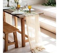 EYRMQWJPC decorazione da tavola in tulle Tovaglia da pranzo semitrasparente personalizzabile, stile retrò, boho, vintage, for matrimoni(Beige,90x340cm)
