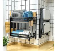 EYRMQWJPC scola piatti lavandino, Scolapiatti da parete pieghevole in acciaio inox, scolapiatti da cucina con scolapiatti, portaposate, tagliere, gancio, scolapiatti(Black,42.5X26.5X42cm)