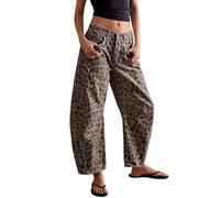 EZAPINE Jeans da donna leopardati casual a gamba larga Panst Y2k Boyfriend vita media jeans alla caviglia, Marrone, S