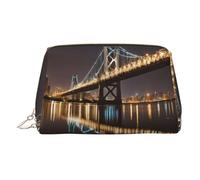 EZDLOWVBA Beauty case da viaggio con stampa notturna di New York Manhattan Bridge, organizer da viaggio con cerniera, trousse per articoli da toeletta, borsa per il trucco in pelle leggera, Oro