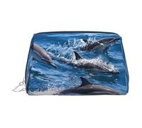 EZDLOWVBA Trousse da viaggio da donna, con stampa delfini nel mare, borsa per cosmetici con cerniera, trousse per articoli da toeletta, borsa per il trucco in pelle leggera, Argento, Taglia unica
