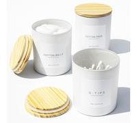 Ezebesta Set di 3 contenitori da bagno bianchi da 400 ml, con 12 etichette e coperchio in legno, set di barattoli di vetro spesso, supporto Qtip per batuffoli di cotone e tamponi, decorazione