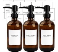 Ezebesta - Set di 3 dispenser di sapone in vetro ambrato da 500 ml, con 22 etichette bianche, contenitore per bottiglie di liquido da bagno con pompa nera