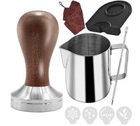 Ezebesta Set di Tamper per Caffè da 51mm Kit barista per macchina Portafilter con tappetino tamper, brocca per latte (350 ml), asciugamano barista, penna per latte e stencil decorativi