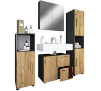 Ezooza Armonia Set Bagno Completo 4 Pezzi Mobile Lavabo + Colonna + Pensile e armadietto a specchio, Antracite/Rovere,
