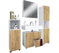 Ezooza Armonia Set Bagno Completo 4 Pezzi Mobile Lavabo + Colonna + Pensile e armadietto a specchio, Bianco/Rovere,