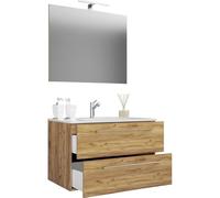 Ezooza Completo Mobile Sospeso con 2 cassetti Extra Large con lavabo in ceramica di alta qualità e specchio, Rovere miele,