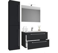 Ezooza Completo Set bagno 4 Pezzi Mobile sospeso 2 casetti con Lavabo Extra large in ceramica incl 1 Colonna e specchio, Nero,