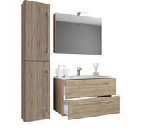 Ezooza Completo Set bagno 4 Pezzi Mobile sospeso 2 casetti con Lavabo large in ceramica incl 1 Colonna e mobile specchio, Rovere,