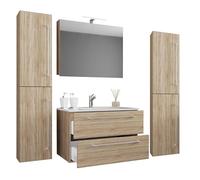 Ezooza Completo Set bagno 5 Pezzi Mobile sospeso 2 casetti con Lavabo XL in ceramica incl 2 Colonne e mobile specchio, Rovere,