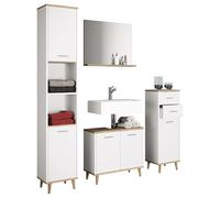 Ezooza Essenza Set Bagno Completo 4 Pezzi Mobile Lavabo + Colonna + Pensile e specchio, Bianco/Rovere,