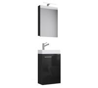 Ezooza LineaViva Mobile Sospeso con lavabo in ceramica di alta qualità e mobile specchio con luce a led, Nero, lavabo Bianco
