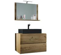Ezooza Luce Mobile Sospeso con 2 cassetti Extra Large con lavabo in ceramica di alta qualità e specchio, Rovere miele, lavabo Nero