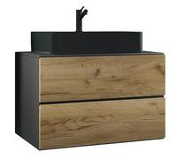 Ezooza Luce Set Bagno 2 Pezzi Mobile Extra Large con 2 cassetti e Lavabo sospesi, Antracite/Rovere, lavabo Nero
