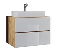 Ezooza Luce Set Bagno 2 Pezzi Mobile Extra Large con 2 cassetti e Lavabo sospesi, Rovere/Bianco, lavabo Bianco