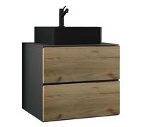 Ezooza Luce Set Bagno 2 Pezzi Mobile Large con 2 cassetti e Lavabo sospesi, Antracite/Rovere, lavabo Nero