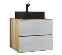 Ezooza Luce Set Bagno 2 Pezzi Mobile Large con 2 cassetti e Lavabo sospesi, Rovere/Bianco, lavabo Nero