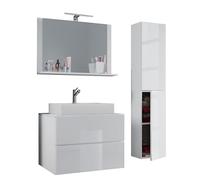 Ezooza Luce Set Bagno 4 Pezzi Mobile sospeso 2 casetti con lavabo bianco large in ceramica include 1 Colonna e specchio, Bianco