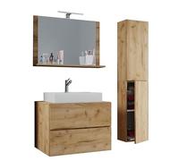 Ezooza Luce Set Bagno 4 Pezzi Mobile sospeso 2 casetti con lavabo bianco large in ceramica include Colonna e specchio, Rovere miele