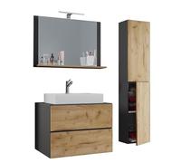 Ezooza Luce Set Bagno 4 Pezzi Mobile sospeso 2 casetti con lavabo bianco XL in ceramica incl Colonna e specchio, Antr/Rovere