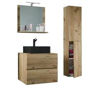 Ezooza Luce Set Bagno 4 Pezzi Mobile sospeso 2 casetti con lavabo nero large in ceramica include 1 Colonna e specchio, Rovere miele