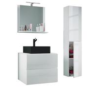 Ezooza Luce Set Bagno 4 Pezzi Mobile sospeso 2 casetti con lavabo nero large in ceramica include 1 Colonna e specchio, Bianco