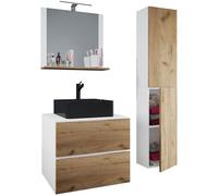 Ezooza Luce Set Bagno 4 Pezzi Mobile sospeso 2 casetti con lavabo nero large in ceramica include 1 Colonna e specchio, Rovere/Bianco