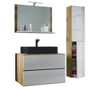 Ezooza Luce Set Bagno 4 Pezzi Mobile sospeso 2 casetti con lavabo nero XL in ceramica include 1 Colonna e specchio, Rovere/Bianco
