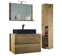 Ezooza Luce Set Bagno 4 Pezzi Mobile sospeso 2 casetti con lavabo nero XL in ceramica include 1 Colonna e specchio, Rovere miele