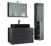 Ezooza Luce Set Bagno 4 Pezzi Mobile sospeso 2 casetti con lavabo nero XL in ceramica include 1 Colonna e specchio, Antracite