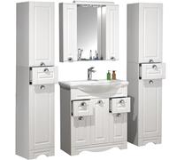 Ezooza Quadro Set Bagno Completo 5 Pezzi Mobile con Lavabo + 2 Colonne + Pensile a specchio Large, Bianco,