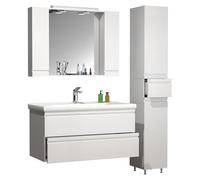 Ezooza Sistema Set Bagno Completo 4 Pezzi Mobile con Lavabo Extra large + 1 Colonna + Pensile a specchio, Bianco,