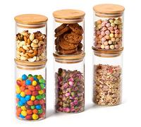 EZOWARE Set di 6 Barattoli di Vetro, Contenitori per la Conservazione degli Alimenti con Coperchio di Legno Bambù Ermetico per Tè Caffè Farina Cereali Fagioli, Vetro Borosilicato - 450ml / 700ml