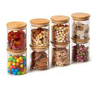 EZOWARE Set di 8 Barattoli di Vetro, Contenitori per la Conservazione degli Alimenti con Coperchio di Legno Bambù Ermetico per Tè Caffè Farina Cereali Fagioli, Vetro Borosilicato - 450ml