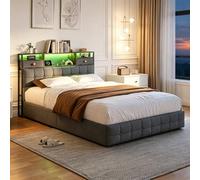 EZSSW Letto baule 140 x 200 con cassapanca idraulica, letto matrimoniale con contenitore e USB Type-C, LED RGB, struttura in metallo silenzioso, velluto imbottito, grigio