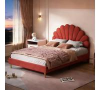 EZSSW Letto imbottito 140 x 200 in velluto con testiera floreale a petalo, letto matrimoniale per bambini, rete a doghe in metallo e legno, colore Vino Rosso,Letto da ragazza