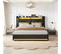 EZSSW Letto imbottito matrimoniale 140 x 200 cm con contenitore moderno, struttura in metallo e rete a doghe, testiera con LED regolabili, ripiano e prese USB, rivestimento in PU, Nero