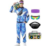 Ezuwail Costume anni '80 anni '90, da uomo e da donna, costume retrò anni '80s '90s, tuta da discoteca, tuta sportiva hip hop per carnevale (blu)