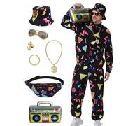 Ezuwail Tuta da uomo 80 Hip Hop Costume anni '80 anni '90 Halloween Carnevale Costume 80s 90s 90s 9 pezzi (nero/M)