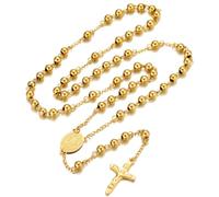 EZVFIRPDFZ 1 rosario in acciaio inox color oro con perline a Y con croce di San Michele, crocifisso miracoloso della Vergine Maria cattolica, collana con medaglia di San Benedetto
