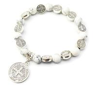 EZVFIRPDFZ Bracciale rosario da donna con medaglia di San Benedetto con perline bianche in marmo cattolico San Benito Medalla Recuerdos de Niño, Pulsera de San Benito Mujer Confirmacion
