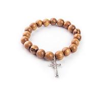 EZVFIRPDFZ Bracciale rosario da donna con perline in legno di ulivo elasticizzato con ciondolo a forma di croce, cristiano, 4 decenni, rosario in legno, per donne e ragazze, cattolico